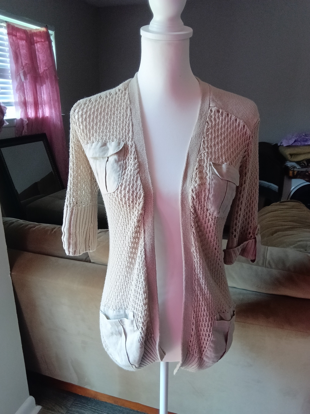 Chico's Open-Front Beige Knit Cardigan with Pockets